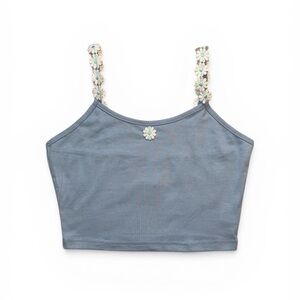 ROMWE Blue Daisy Embroidered Feminine Floral Straps Cropped Cami, Size XS